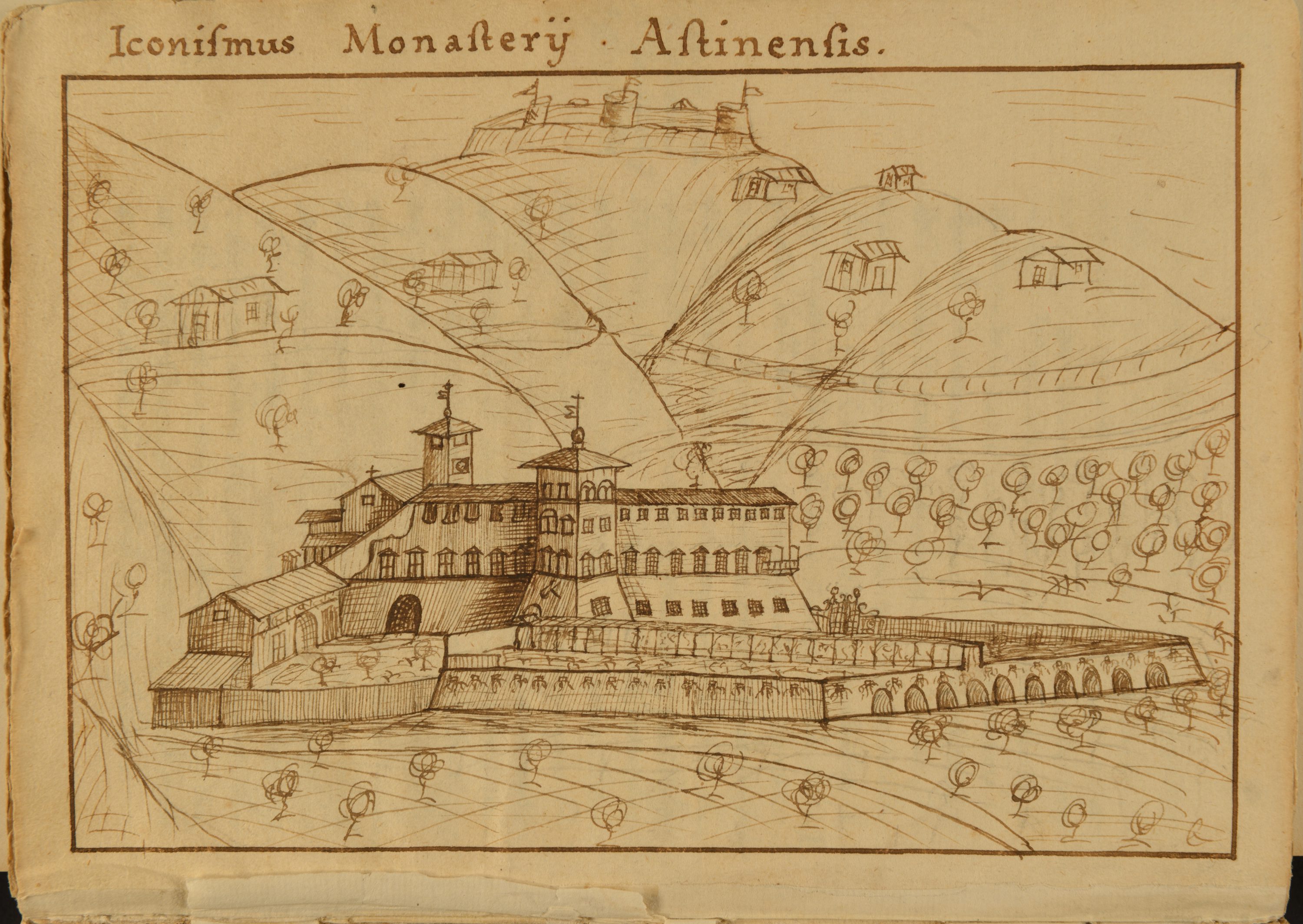La valle di Astino e il monasteroin un disegno riportato nella "Istoria della badia di Astino" dell'abate G. Mazzoleni