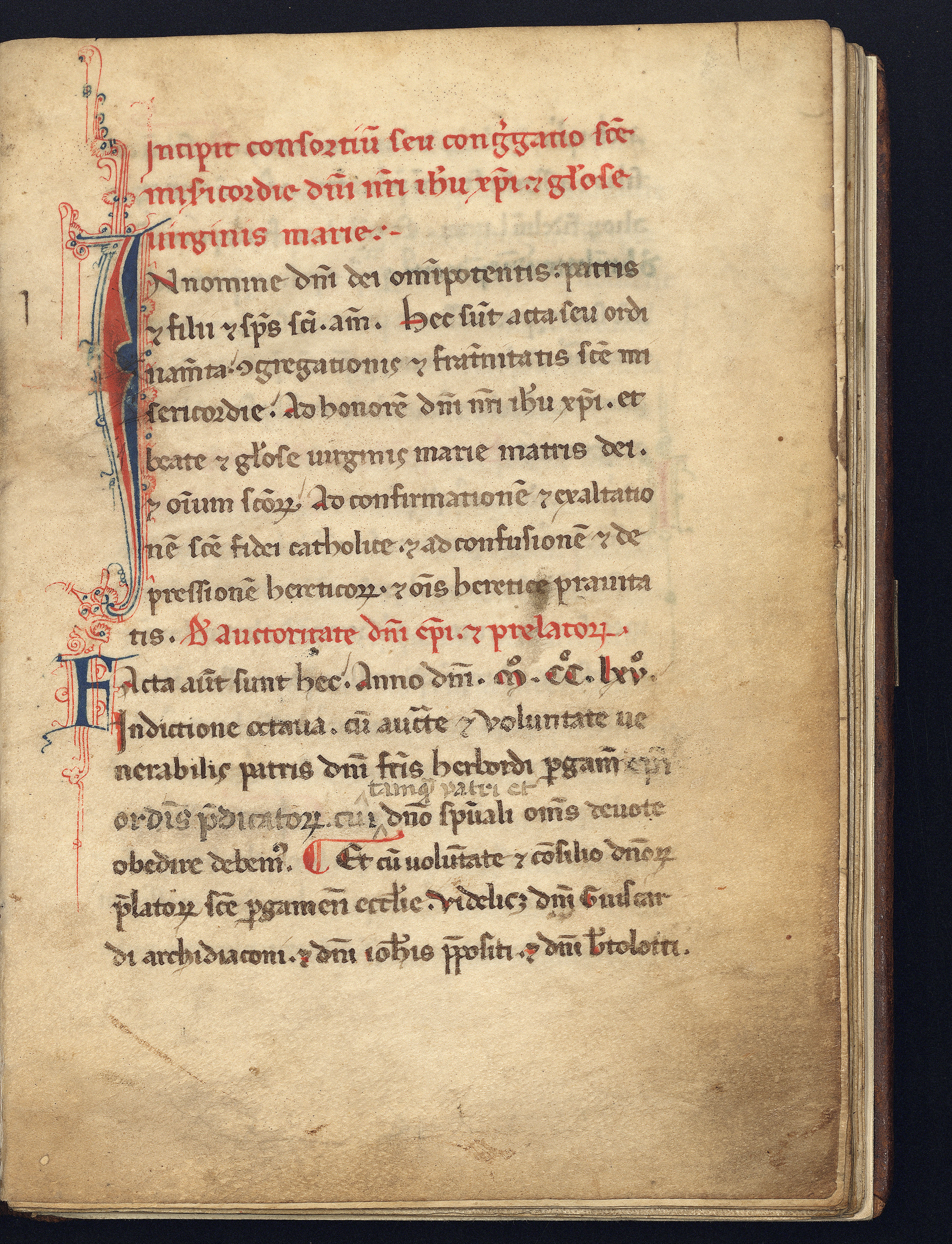 Prima carta del codice con la Regola del Consorzio della Misericordia di Bergamo, 1265